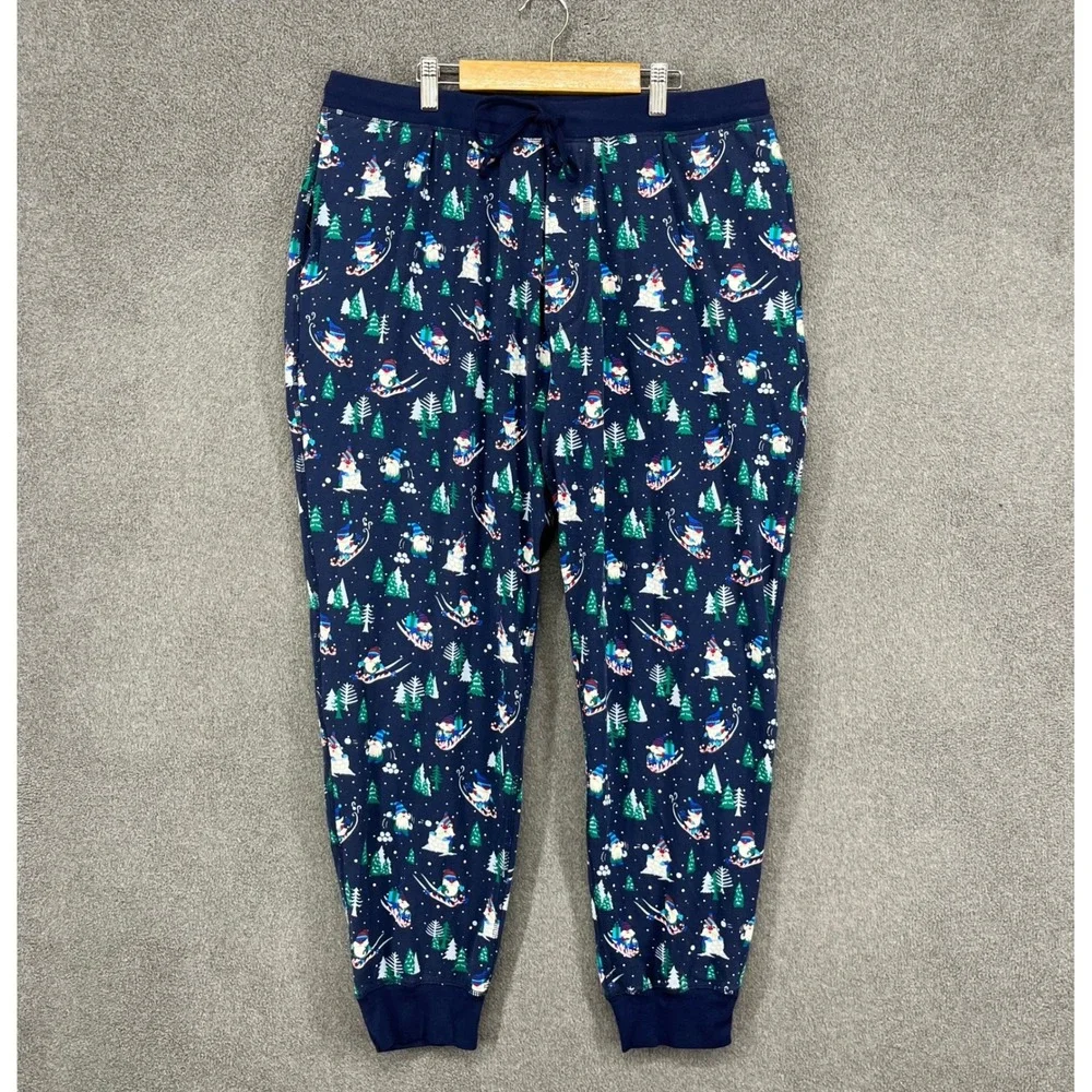Lands End Gnome Skiing Christmas‎ Pajama Pants Joggers Navy Blue Size L 36 38